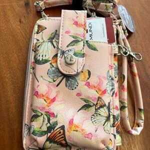 New Mundi pink butterfly crossbody purse compact design with cell phone spot